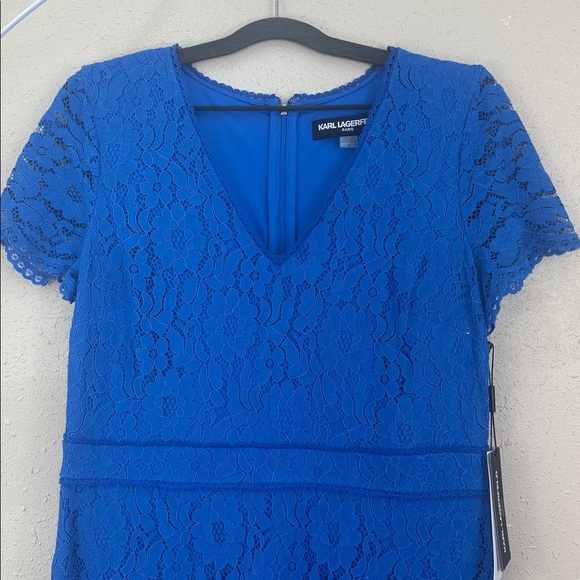 Karl Lagerfeld Paris Blue Lace Sheath Dress V-Neck Flounce Hem NWT $168 Size 12 - Picture 2 of 13